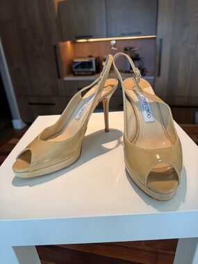 Jimmy Choo Nova Nude Patent Peep Toe Slingback Platform Heels Size 40